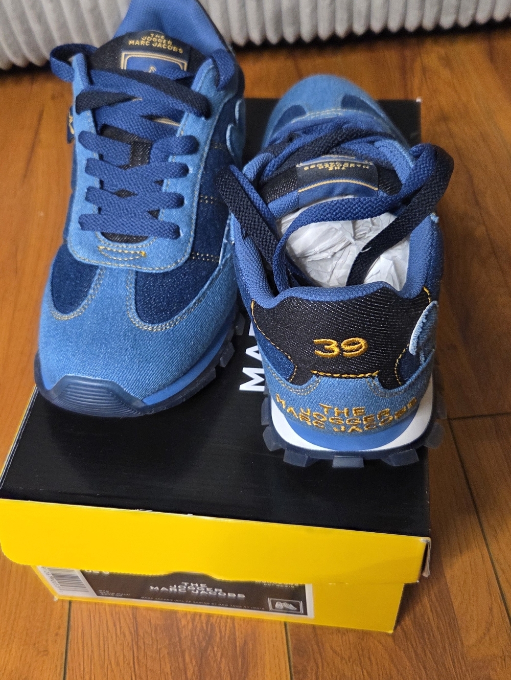 Marc Jacobs Womens Blue Denim Accent Sneakers with Gold Stitching